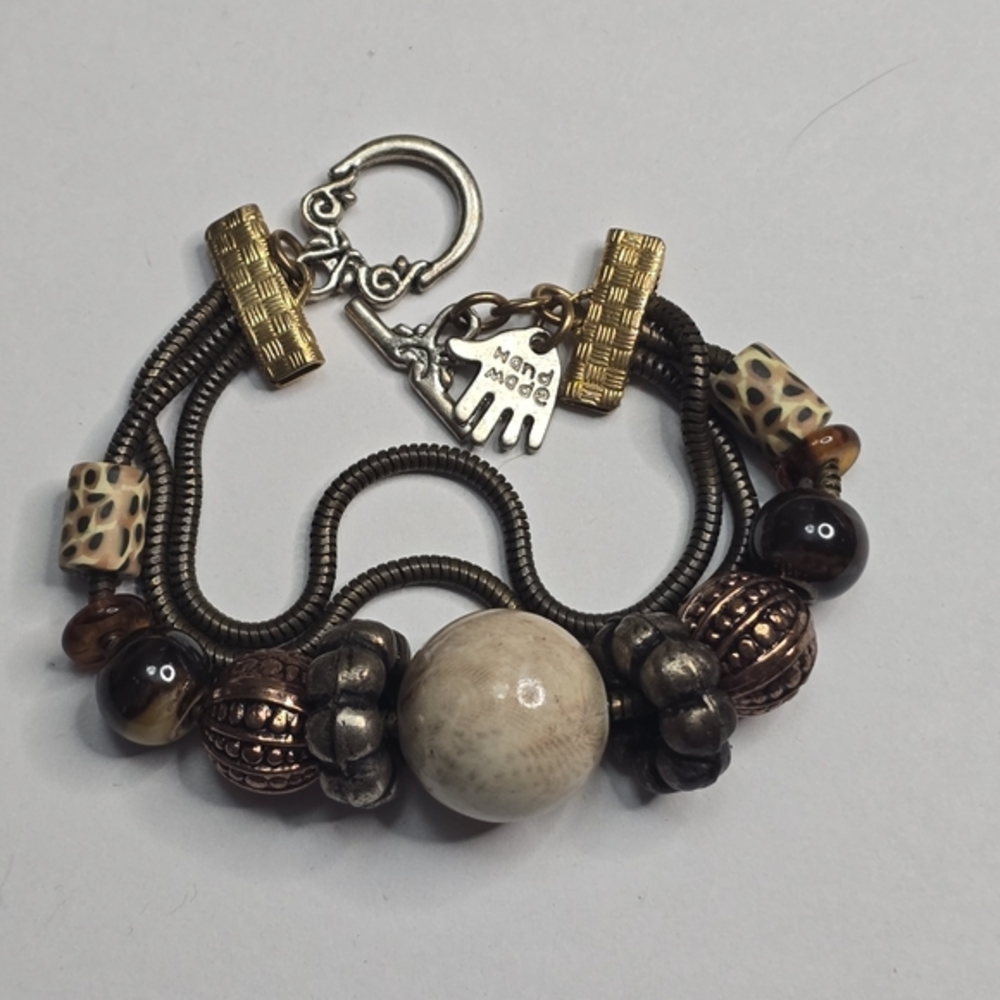 Boho Style Brown Beaded‎ Charm Bracelet Snake Chain Toggle Clasp